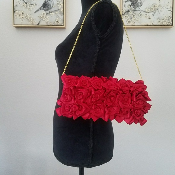 Handbags - Red Rosette, Satin clutch.
